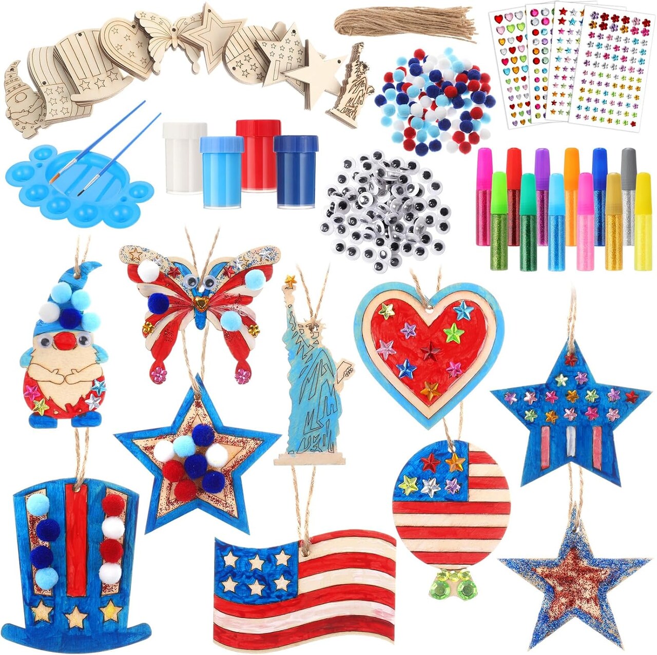 40-Set Wooden Patriotic Star Crafts Kit - Unfinished Wood Stars for 4th of July Ornaments - DIY Independence Day Hanging Decorations & Memorial Day Arts and Crafts for Kids & Adults